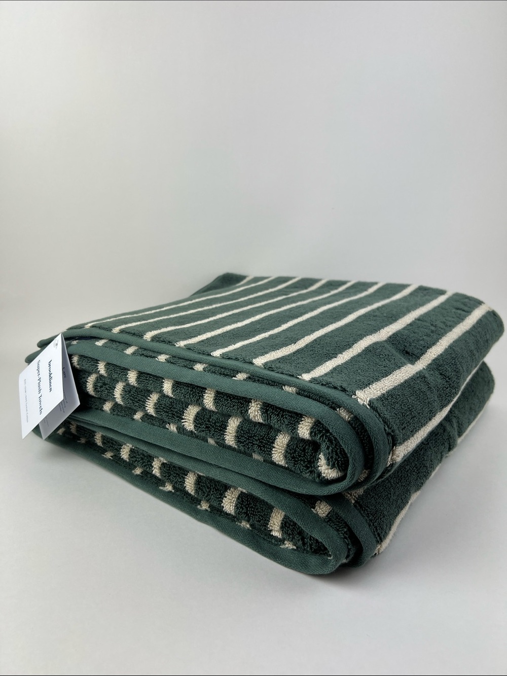 Brooklinen Super-Plush Bath Towels Green Cream Striped Turkish Cotton 2 Pc NEW
